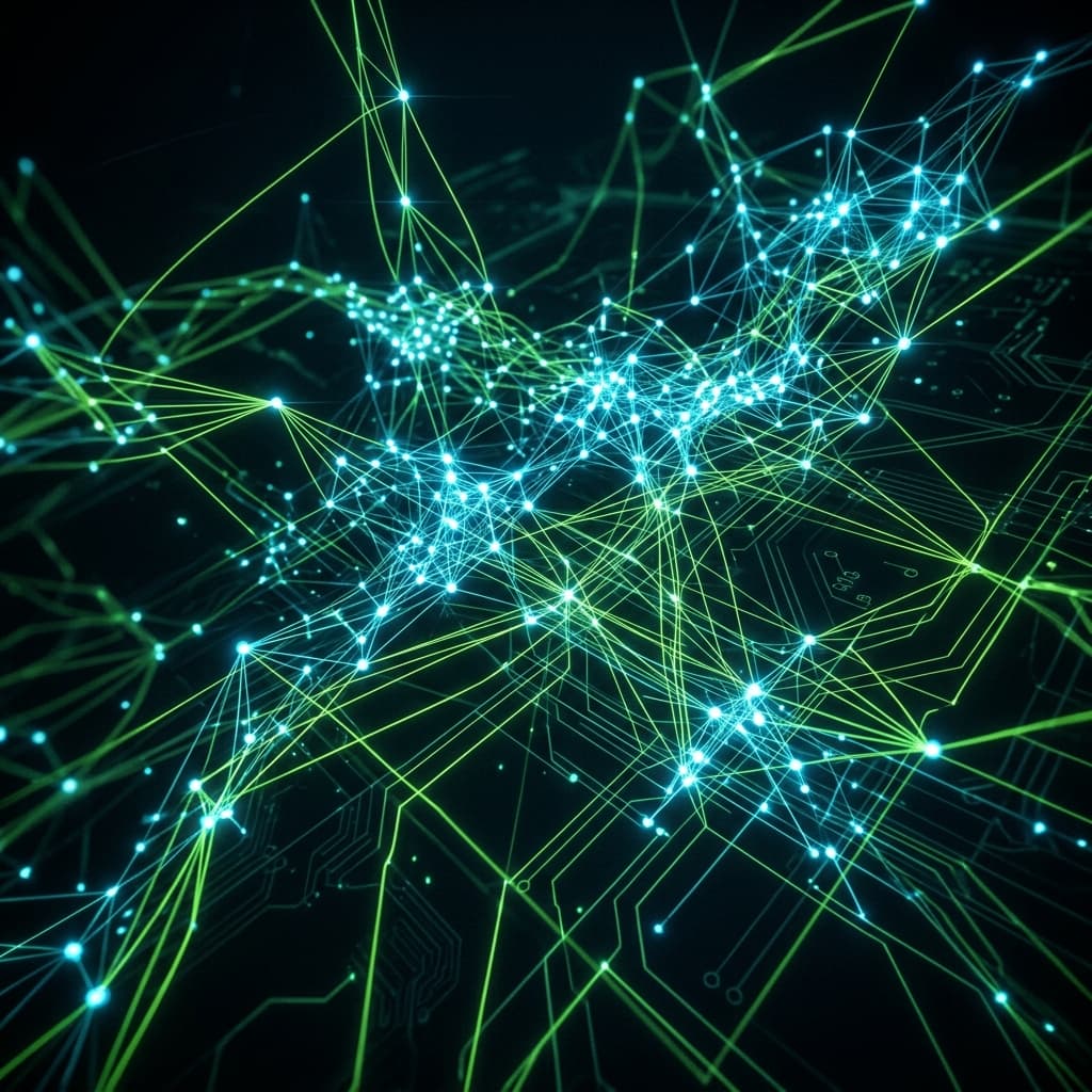 Grade tecnológica abstrata de luzes e conexões representando um sistema nervoso digital