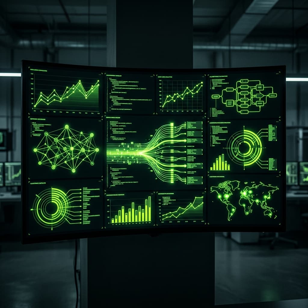 Painel de analytics digital com linhas neon verdes e visualizações de dados complexas em fundo escuro
