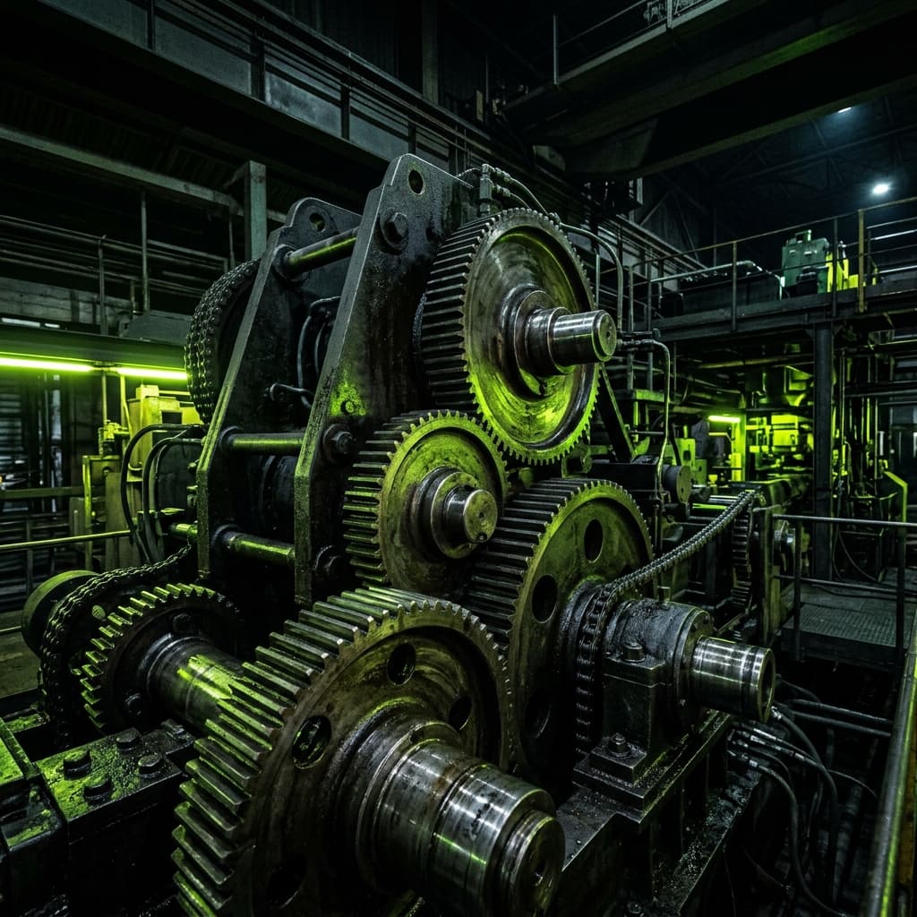 Engrenagens industriais pesadas e componentes de aço em fábrica escura com iluminação dramática